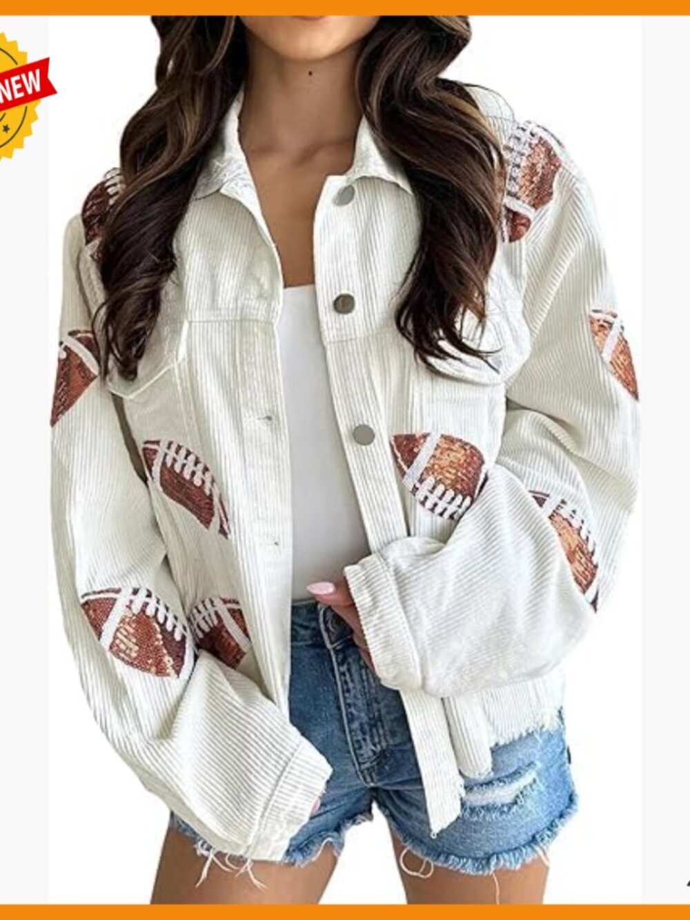 Cropped Corduroy Jacket with Football Sequin Patches, Button Front, Raw Hem